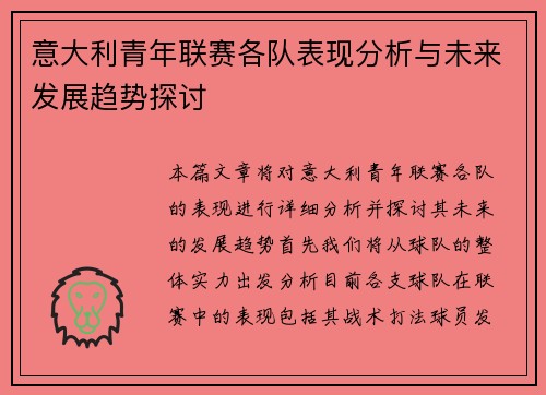 意大利青年联赛各队表现分析与未来发展趋势探讨