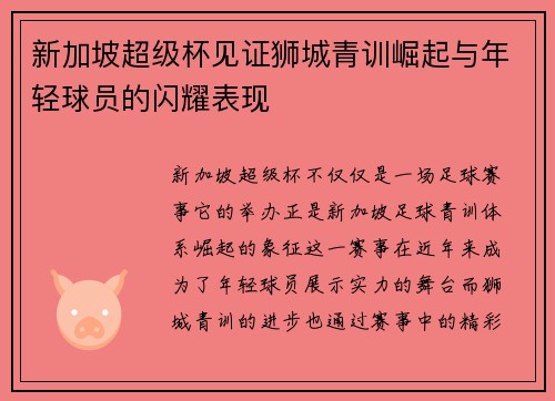 新加坡超级杯见证狮城青训崛起与年轻球员的闪耀表现